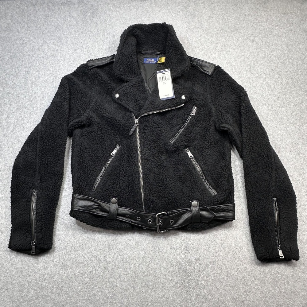 Polo Ralph Lauren Moto Jacket Women Small Black Sherpa Belted Leather Trim $398